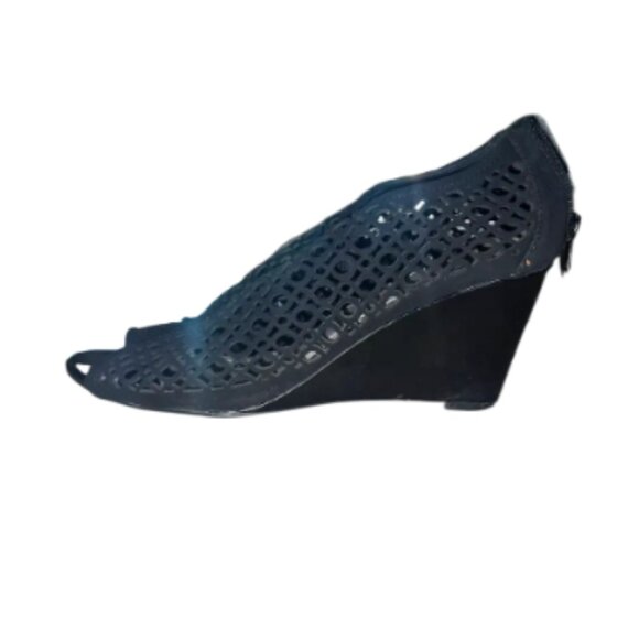 Stylish Black Perforated Peep Toe Wedge Booties - Picture 1 of 3